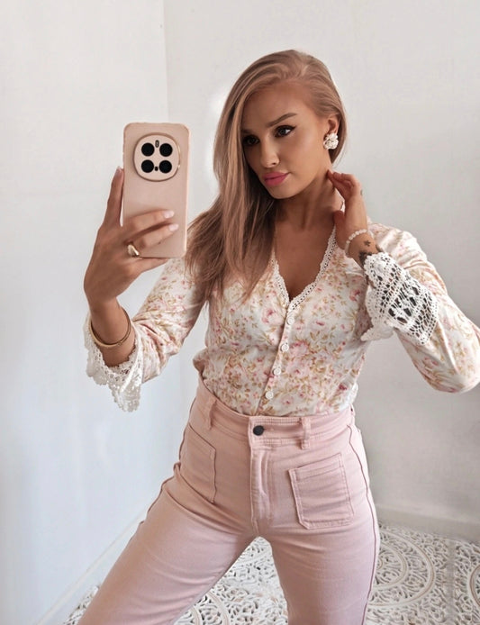 Ralph Lauren Crochet Lace Blouse In Rose Print | UK 8